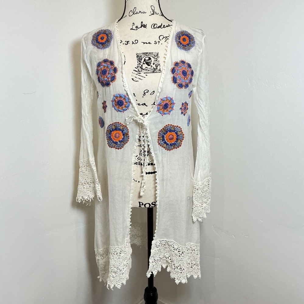 OndadeMar White Embroidered Crochet Lace Kimono Cover Up Tunic M - Picture 1 of 7